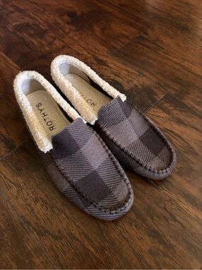 Rothy's Men's Brown Plaid Slip-On Moccasins with Cream Shearling